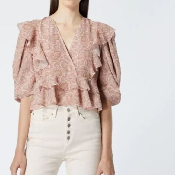The Kooples Boho Silk Blend Crop Top Womens Pink Short Puff Sleeve V Neck Ruffle - Picture 1 of 7
